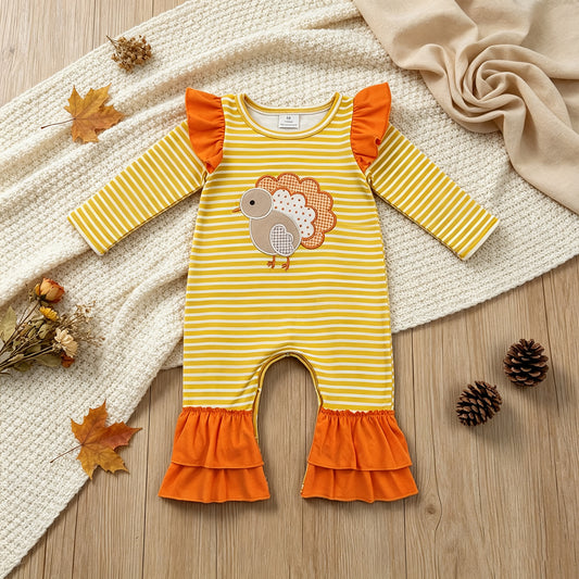 RTS NO MOQ （In stock）milk silk LR3144 Embroidery Turkey Baby Girls Orange Stripe Thanksgivings Ruffle Pant Rompers