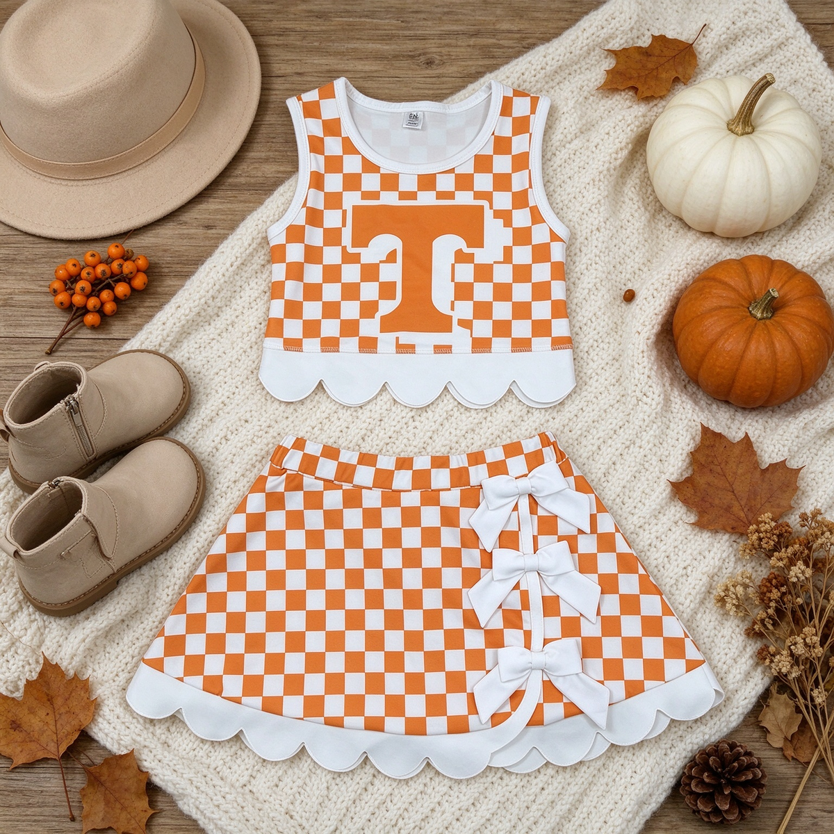RTS NO MOQ （In stock）yoga fabric GSD4282 Yoga Baby Girls Orange Checked Bows Scallop Trim Skirt Short Yoga Active Team Outfit Set