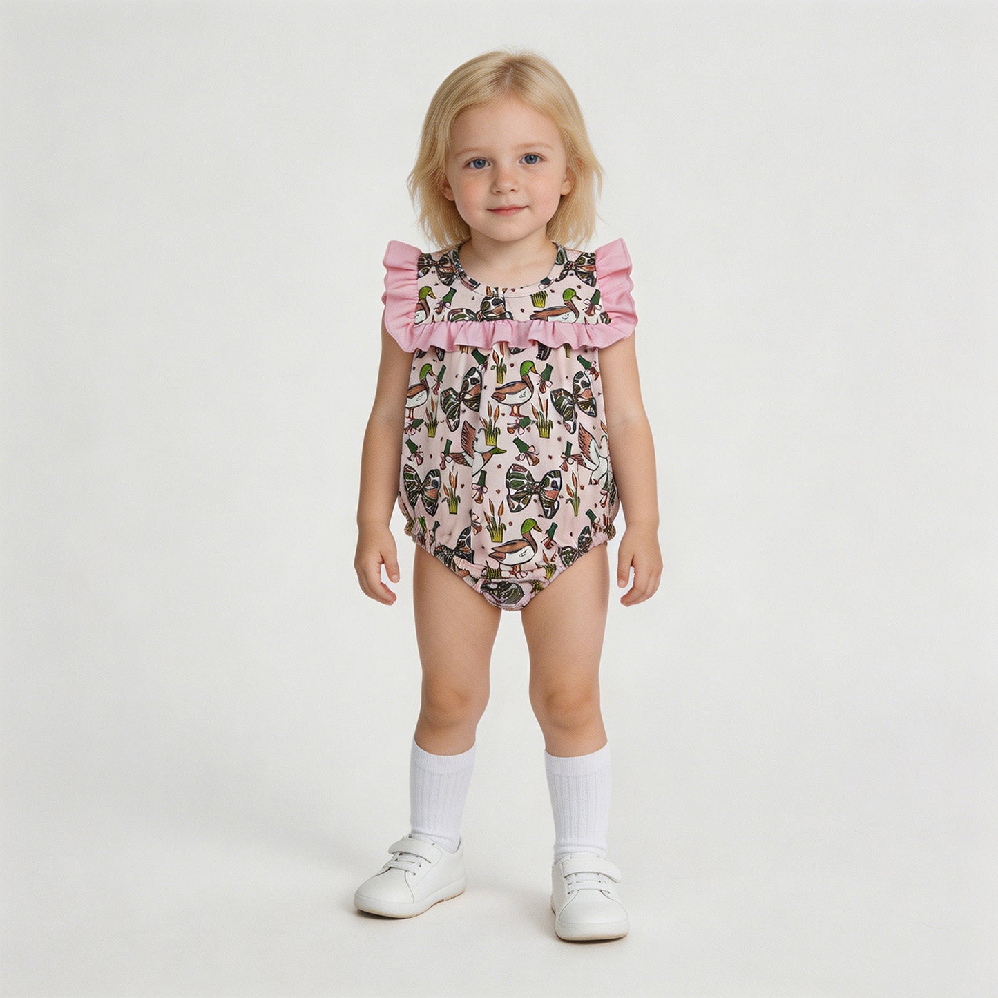 SR4160 RTS NO MOQ （In stock）Pink ruffle duck camo bow baby girls summer romper