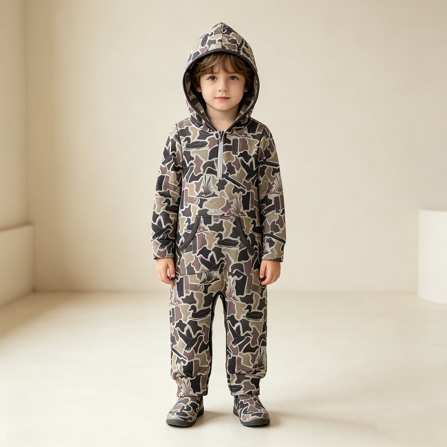 LR3029 RTS NO MOQ（In stock）milk silk  Baby Boys Grey Ducks Camo Hunting Zip Pockets Hoodie Pant Rompers