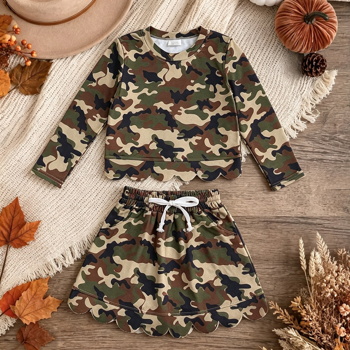 GT1691+GLK0303 RTS NO MOQ （In stock）Baby Girls Southern Green Camo Scallop Pockets Set