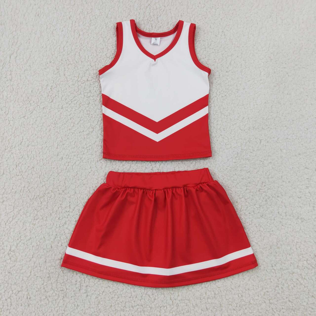 GSD4198 RTS NO MOQ （In stock）Sleeveless white red top skirt girls team cheer active set