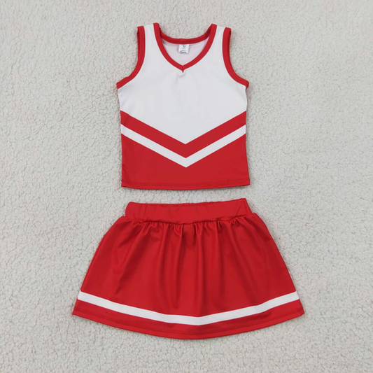GSD4198 RTS NO MOQ （In stock）Sleeveless white red top skirt girls team cheer active set