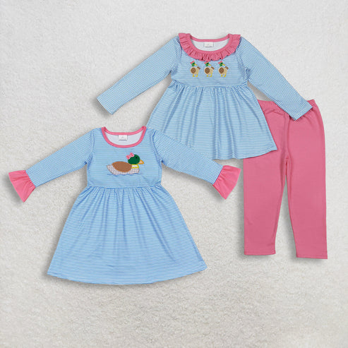 11.11 RTS Sibling Baby Girls Embroidery Bow Ducks Blue Stripe Tunic Leggings Valentines Sets Dresses