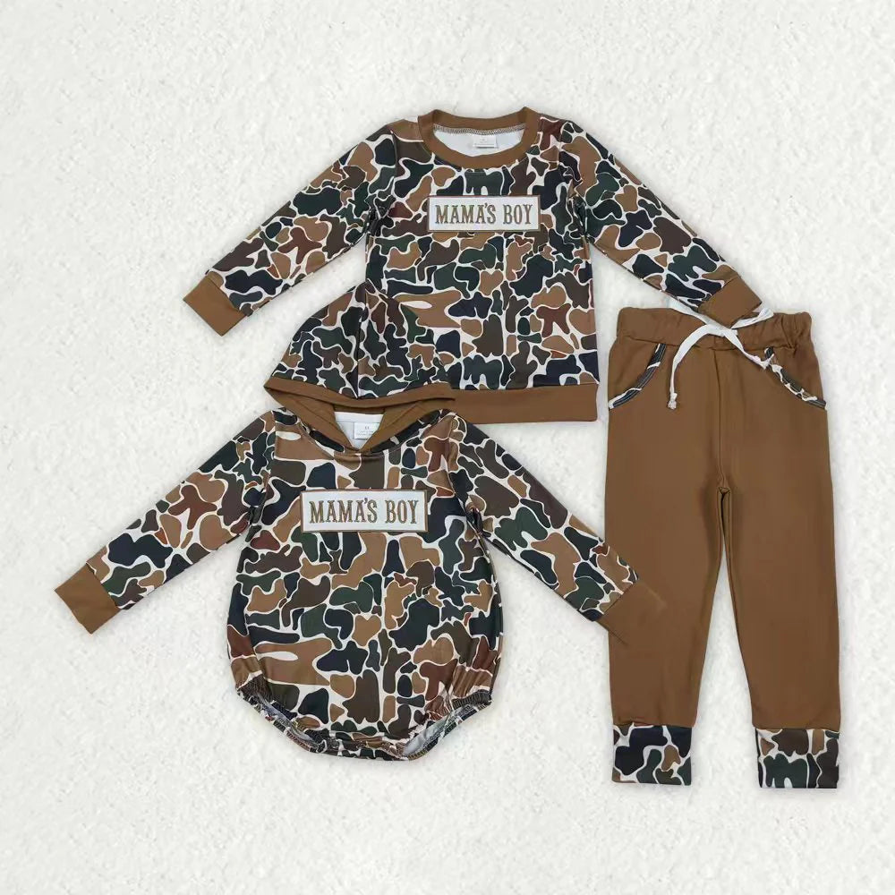 11.18 RTS Sibling Baby Boys Embroidery Mama's Boy Brown Camo Pockets Pants Clothes Sets Hoodie Romper