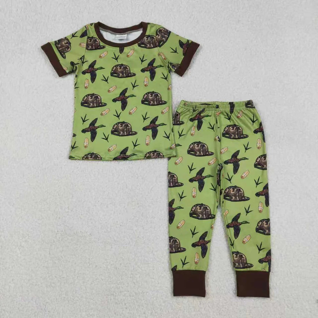 12.22 RTS Sibling Baby Boys Camo Hats Ducks Pants Hunting Pajamas Set Zipper Rompers