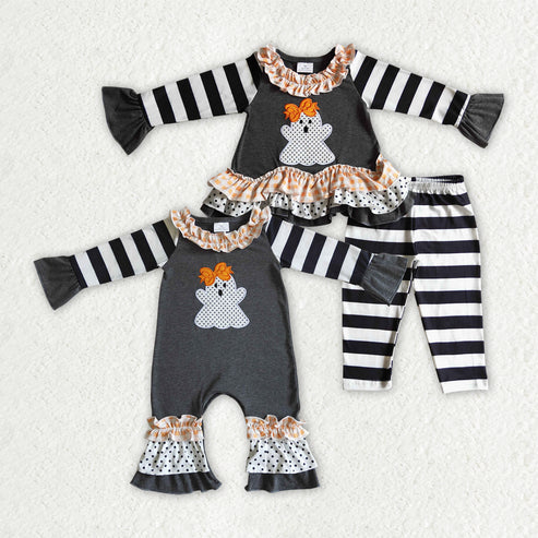 9.19 RTS Sibling Baby Girls Black Stripe Embroidery Ghost Tunic Leggings Pants Halloween Clothes Sets Rompers