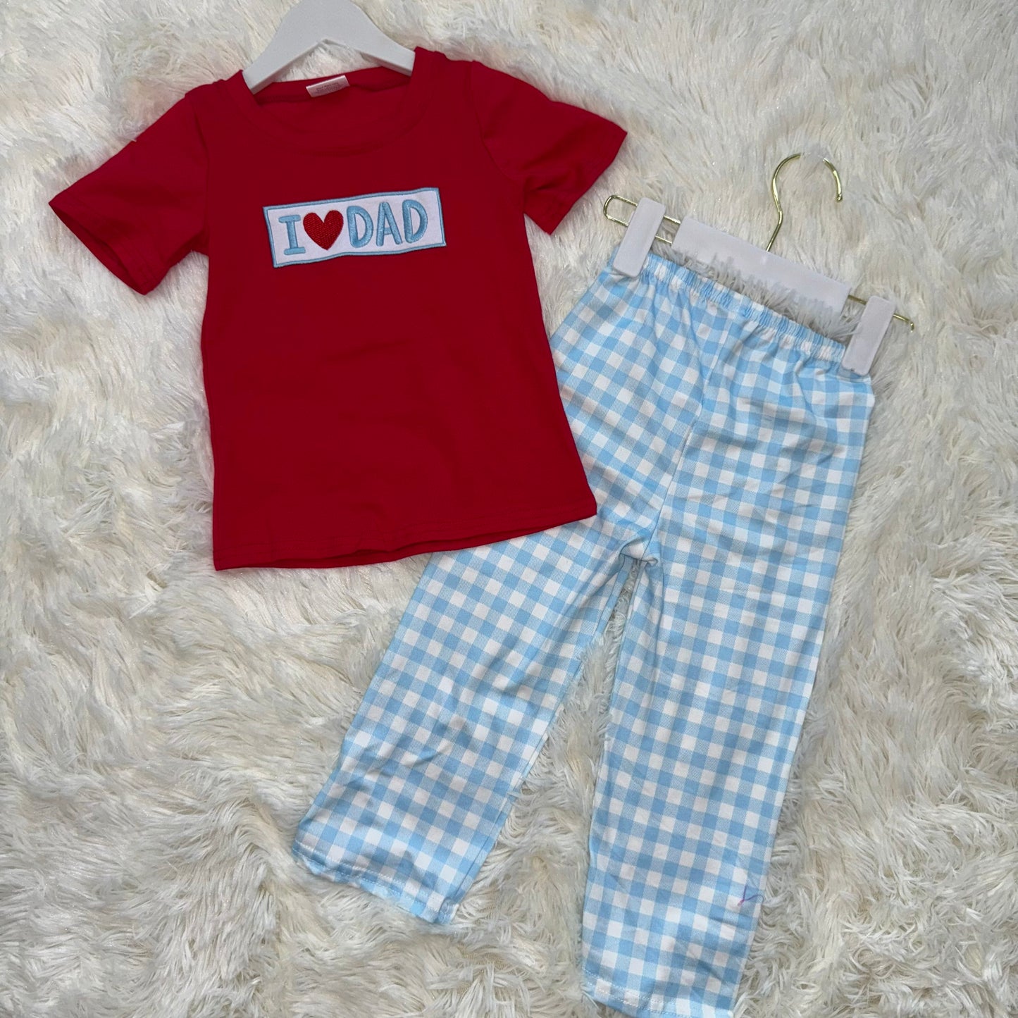 10.29 RST BSPO0589 Embroidery I Love Dad Baby Boys Shirts Checked Pants Clothes Sets