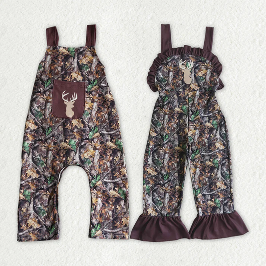 Baby Boys and Girls Brown Dry Leaves and Branches Overalls with Embroidered Christmas Elk