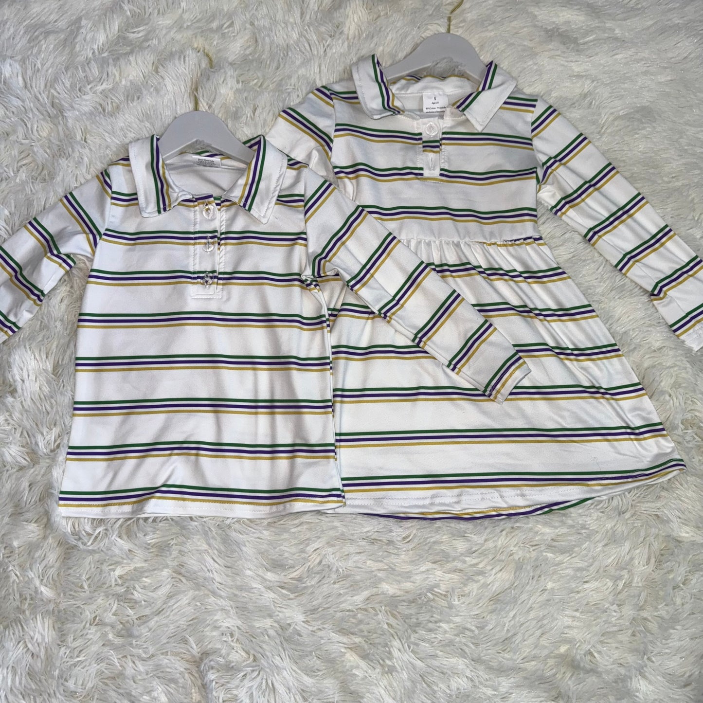 11.8 RST Sibling Baby Boys Girls Mardigras Stripe Button Knee Length Dresses Polo Shirts Top