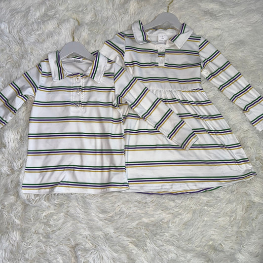 11.8 RST Sibling Baby Boys Girls Mardigras Stripe Button Knee Length Dresses Polo Shirts Top