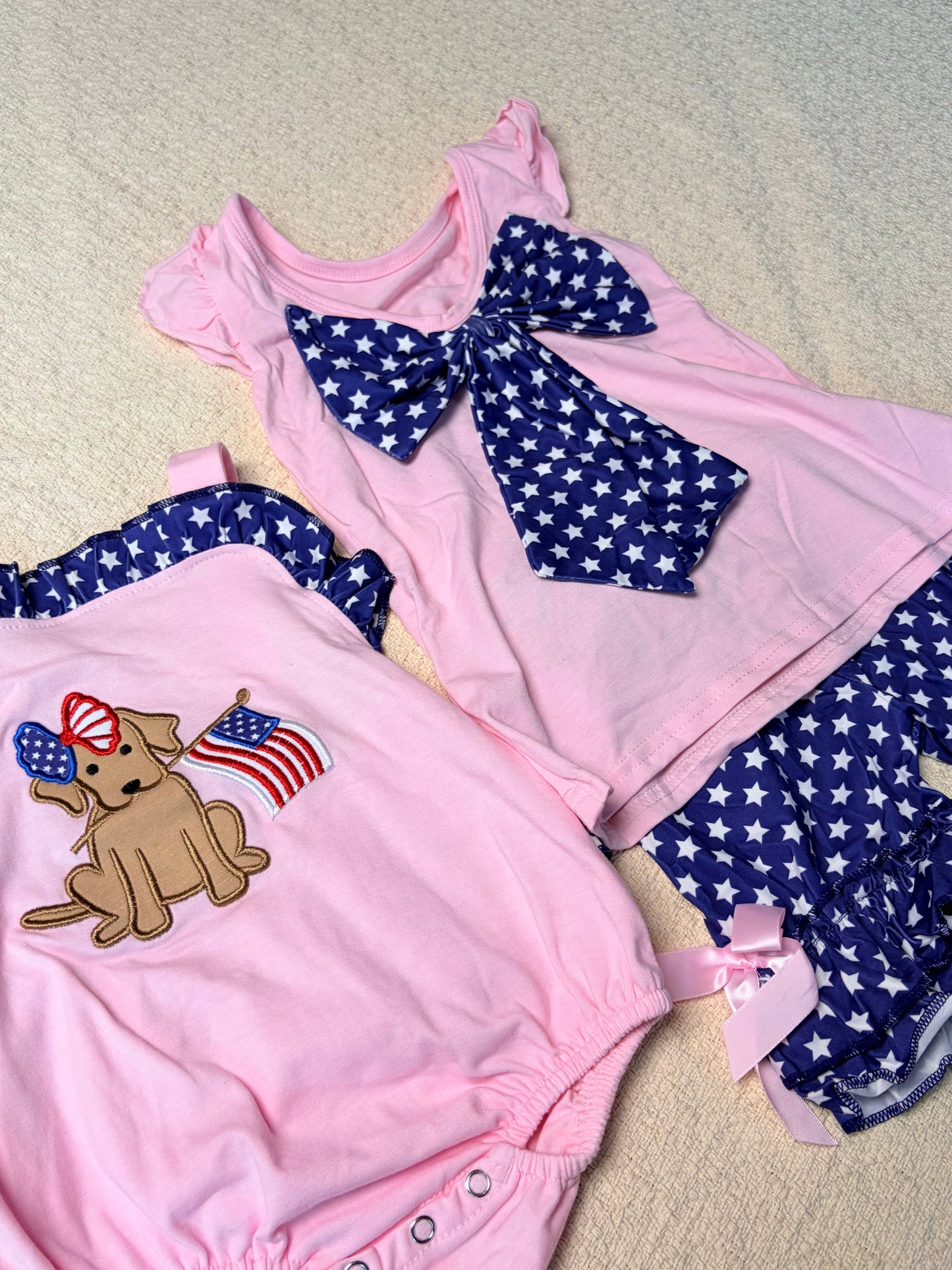 0430 RTS Sibling Dog flag embroidery backless bow kids 4th of july clothes and romper