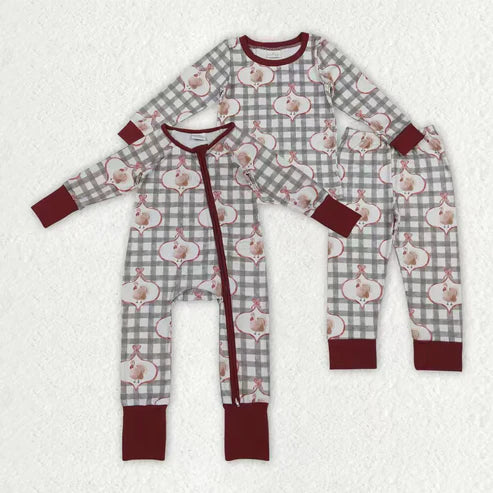 10.10 RTS Sibling Baby Girls Turkey Checked Pants Thanksgiving Pajamas Sets Zipper Footie Rompers