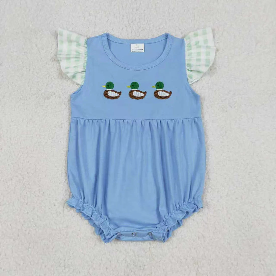 1.10 RTS Sibling Baby Girls Flutter Sleeve Embroidery Ducks Hunting Checked Shorts Clothes Set Ruffle Rompers