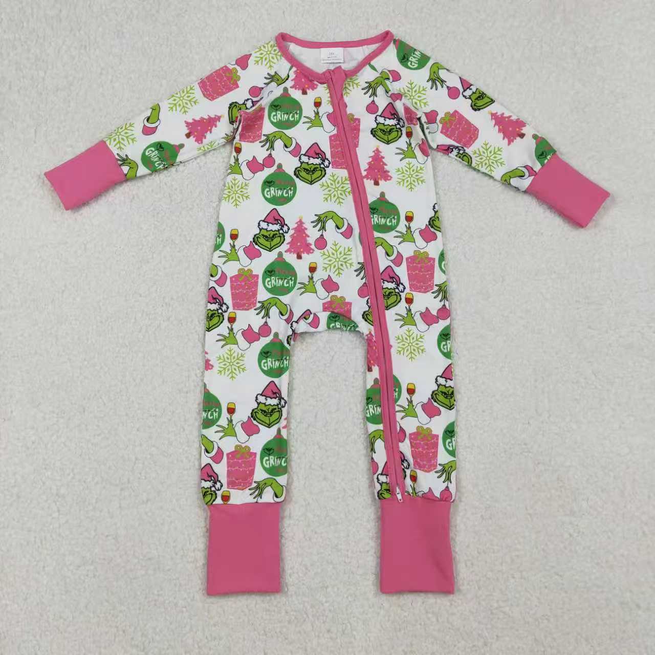9.23 RTS Sibling Baby Girls Green Faces Trees Lights Christmas Ruffle Knee Length Dress Pajamas Sets Footie Rompers