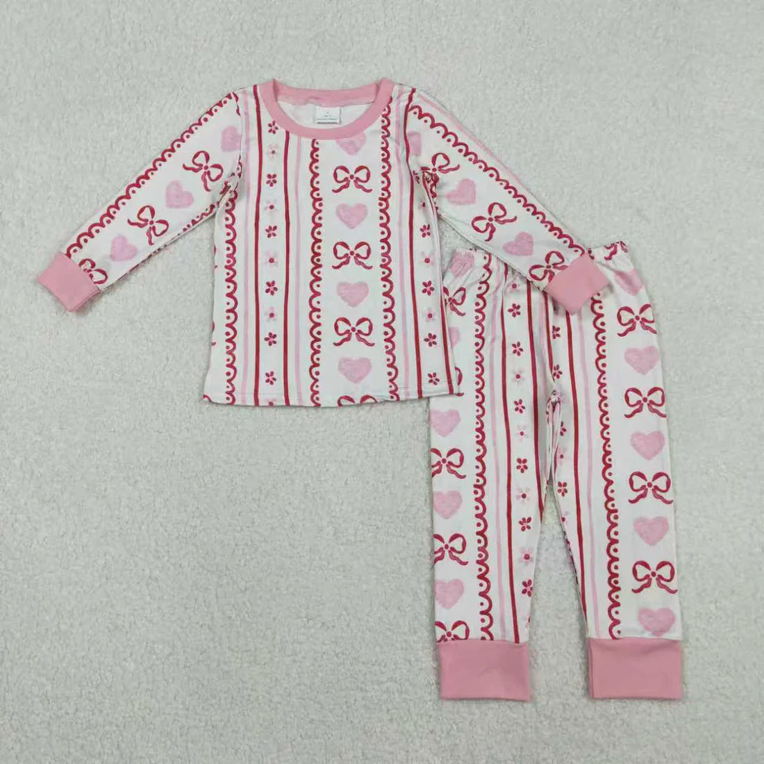 11.18 RTS Sibling Baby Girls Pink Hearts Bows Stripes Valentines Pajamas Sets Ruffle Zipper Rompers