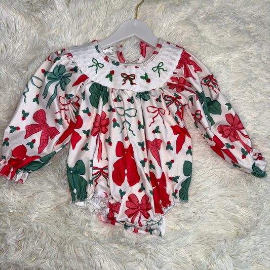 11.14 RST LR2217 Smocked Baby Girls Bows Holly Bows Plaid Christmas Ruffle Rompers