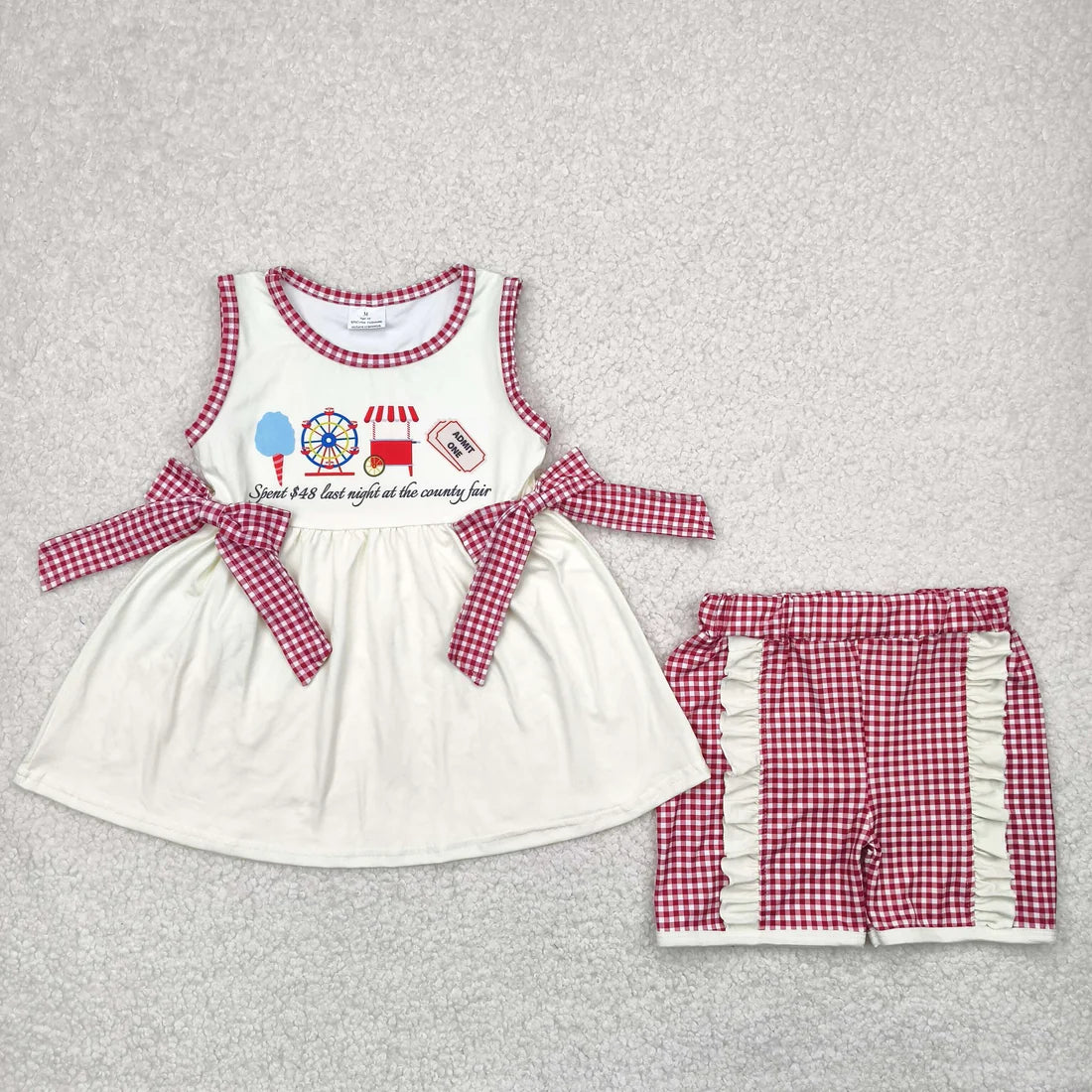 11.10 RTS Sibling Baby Kids Ice Cream Store Top Red Plaid Pockets Shorts Sets Rompers