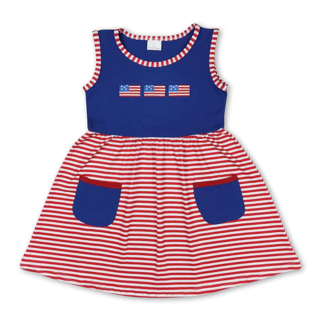 RTS Sibling Sleeveless flags pocket baby girls 4th of july dress