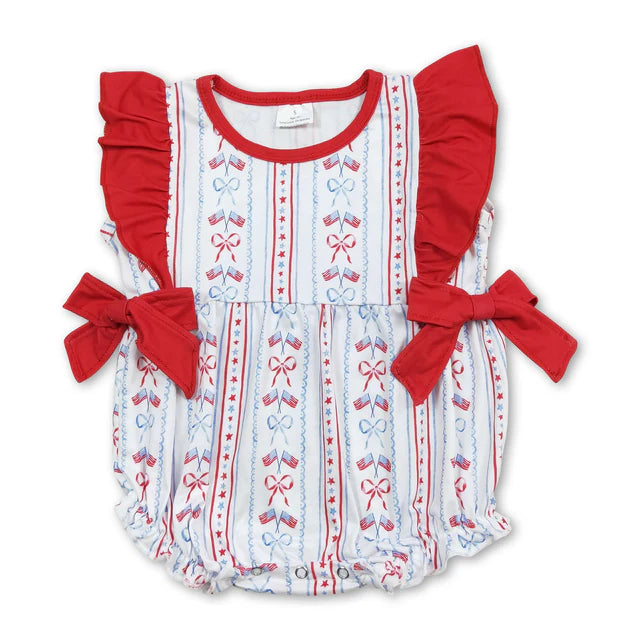 RTS Sibling Flutter sleeves red blue bow baby girls 4th of july romper