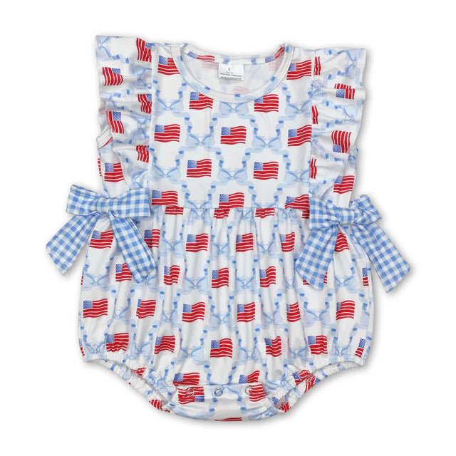 RTS Sibling Flutter sleeves red blue bow baby girls 4th of july romper