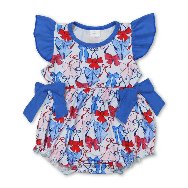 RTS Sibling Flutter sleeves red blue bow baby girls 4th of july romper