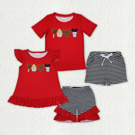 12.13 RTS Sibling Boys Baby Girls Red Cartoon Snacks Summer Outfits Sets