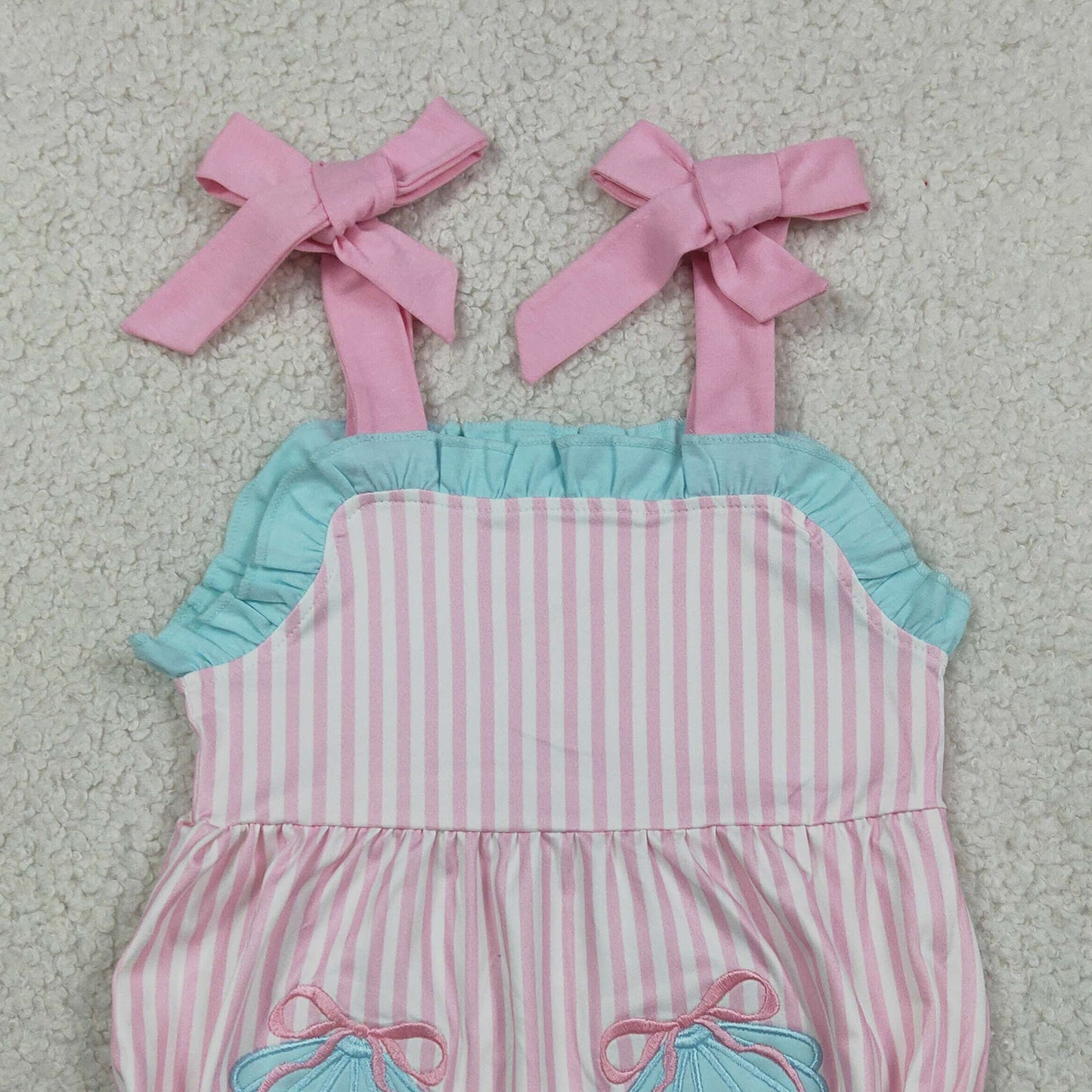 SR4127 RTS NO MOQ （In stock）Embroidery Shell Pockets Baby Girls Strap Pink Stripe Ruffle Rompers