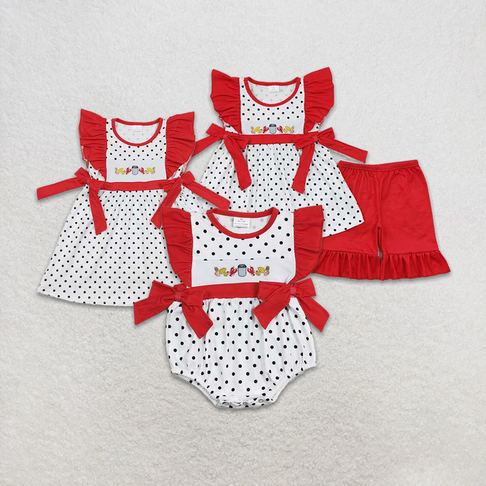 4.26 RTS NO MOQ Girls Polka Dots Crawfish Tunic Ruffle Shorts Outfit Set Cute Feminine Style Children's Clothing Set
