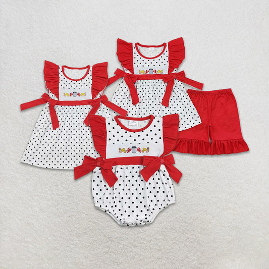4.26 RTS NO MOQ Girls Polka Dots Crawfish Tunic Ruffle Shorts Outfit Set Cute Feminine Style Children's Clothing Set