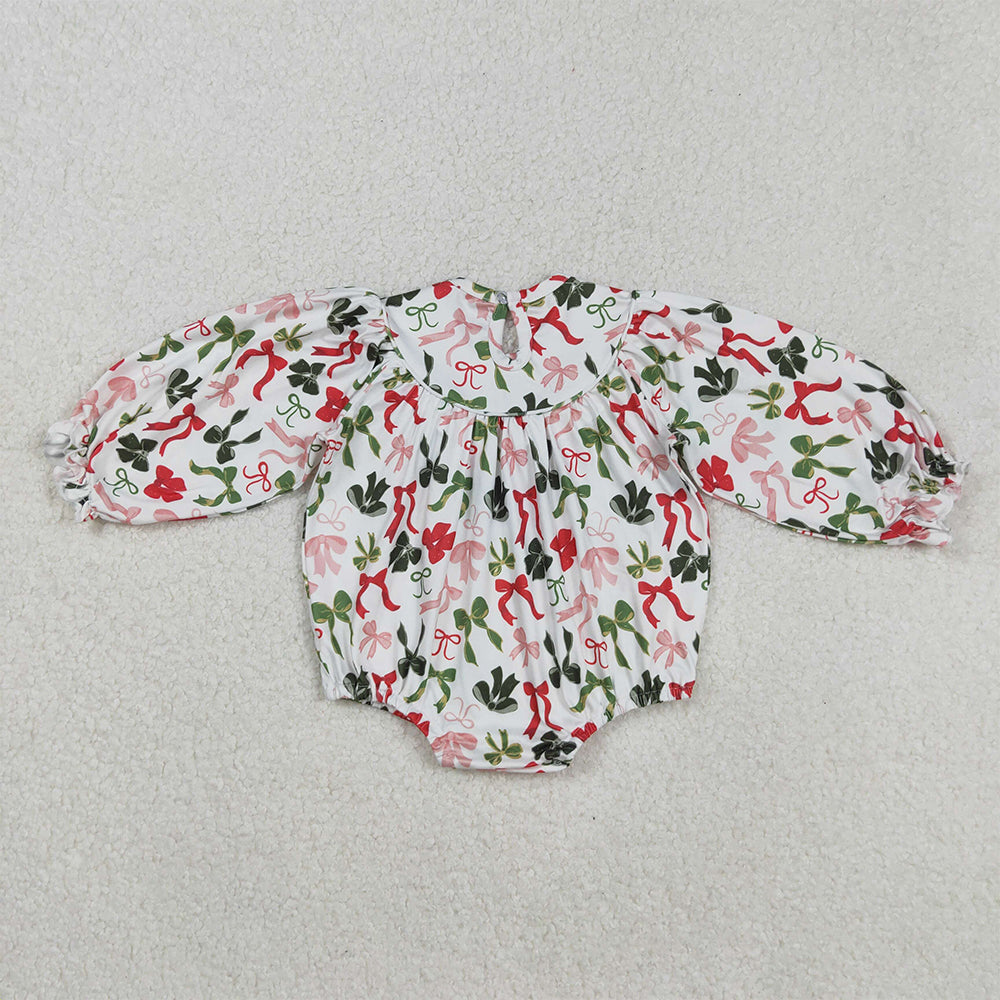 RTS NO MOQ （In stock）LR2185 Baby Girls Winter Rompers  Christmas Romper Long Sleeves Green Red Bow Cute Holiday Outfit for Kids