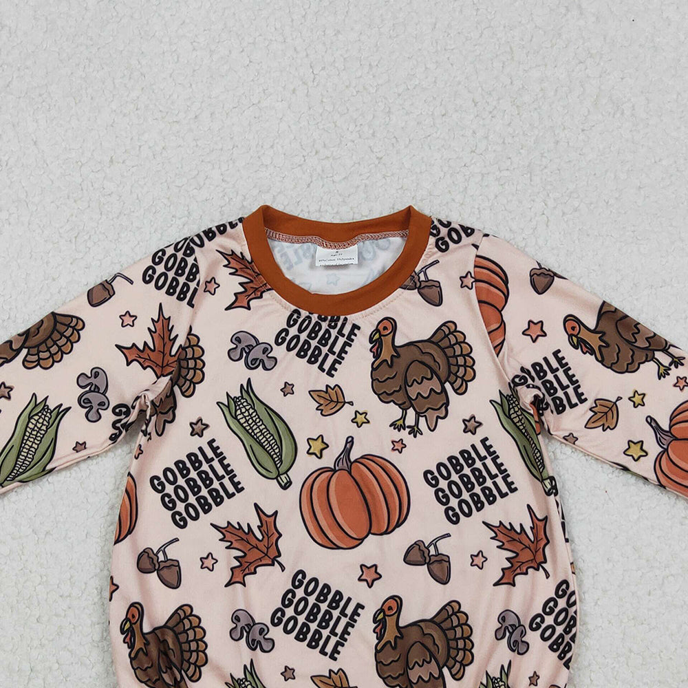 RTS NO MOQ （In stock）LR2447 Baby Boys Winter Rompers Thanksgiving Turkey Pumpkins Gobble Rompers