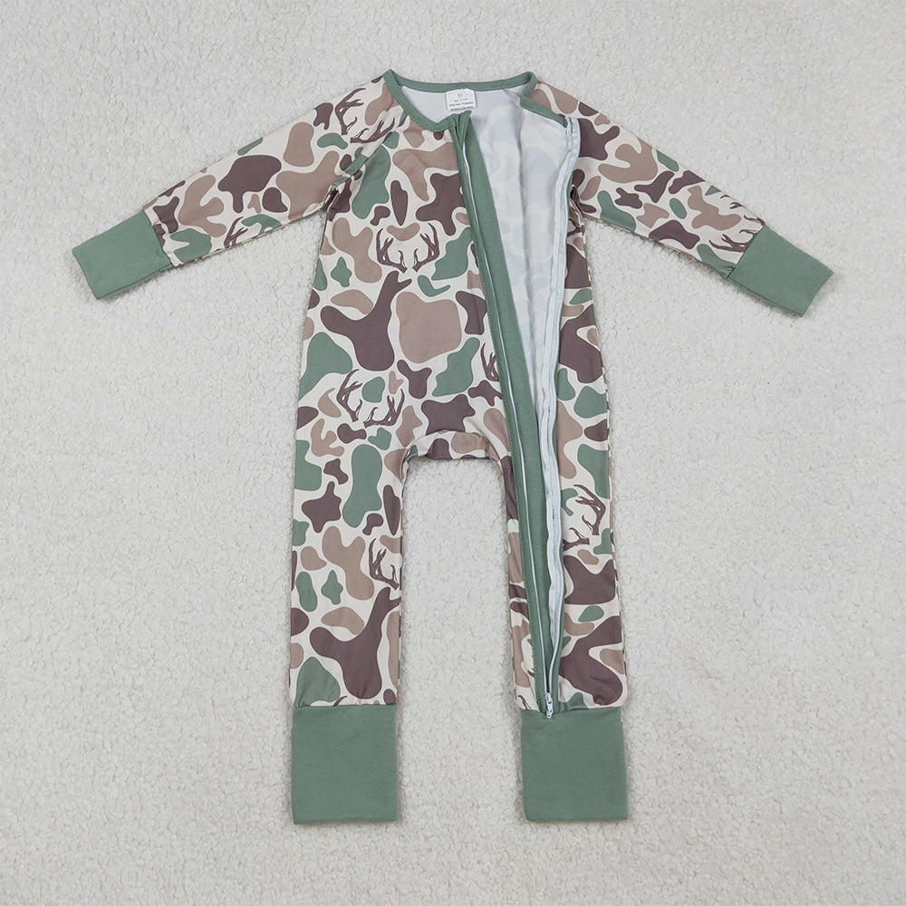 RTS NO MOQ （In stock）LR2582 Baby Boys Winter Rompers Brown Deer Camo Western Zipper Footie Rompers
