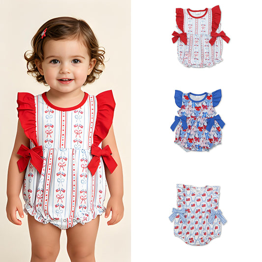 RTS Sibling Flutter sleeves red blue bow baby girls 4th of july romper