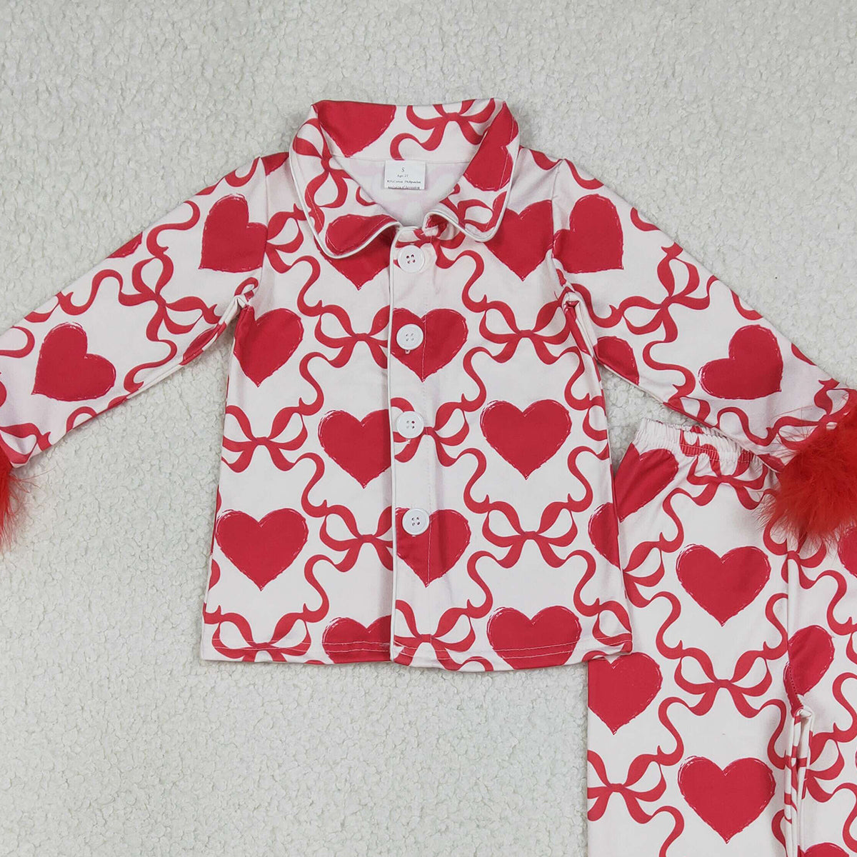 1.9 RTS NO MOQ （In stock）GLP3221 Baby Girls Bow Hearts Checked Button Top Pant Valentines Fur Sleeve Pajamas Sets