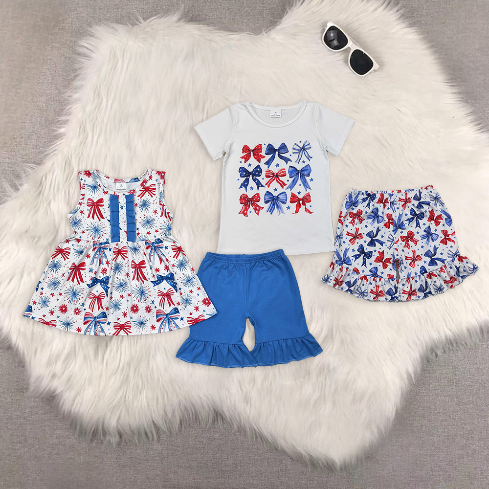 8.13  RTS Sibling Baby Girls Summer Outfits Sleeveless blue red bow tunic shorts girls 4th of july outfits