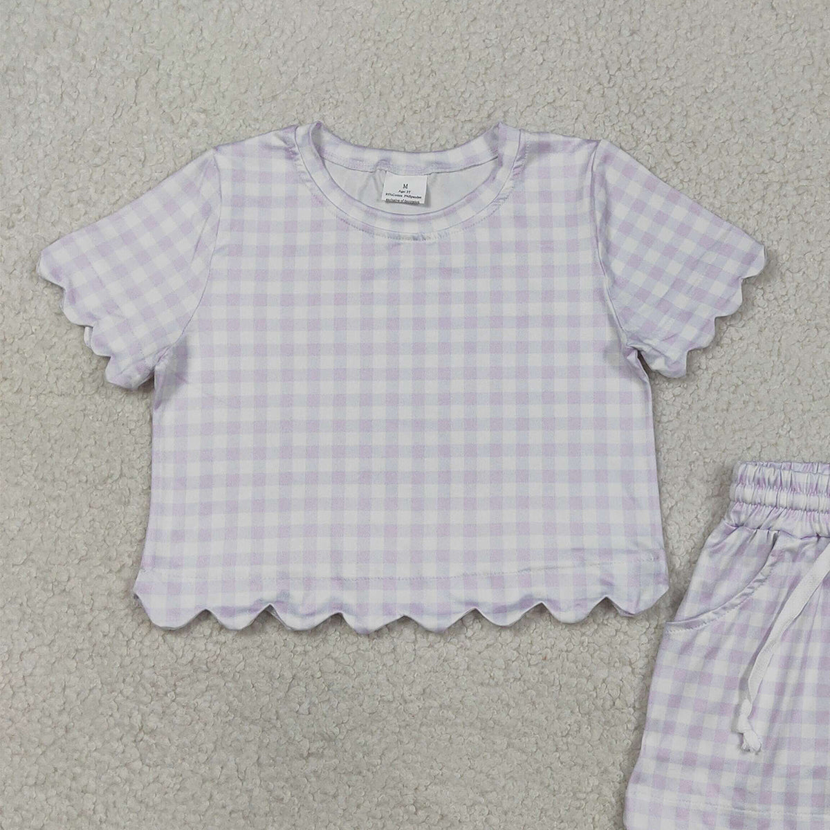 3.17 RTS NO MOQ （In stock）GSSO3181 Fashion Clothing For Baby Girls Lavender Checked Shirts Top Scallop Shorts Clothes Sets