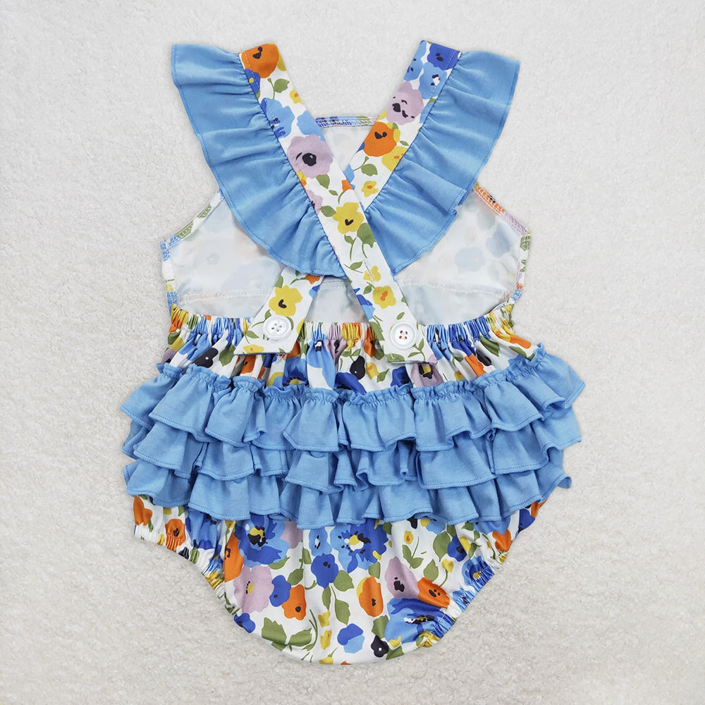 SR0824 RTS NO MOQ Baby Girls Summer Rompers Baby Girls Blue Flowers Tunic Ruffle Sibling Sister Rompers Dresses Clothes Sets