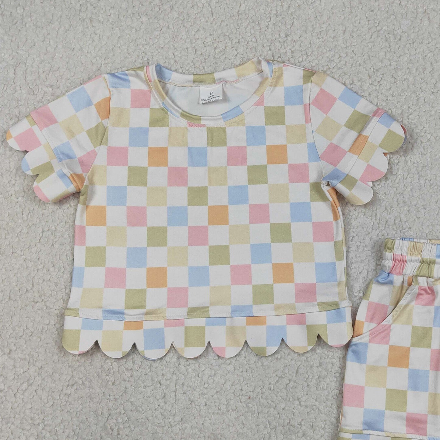 GSSO3419 RTS NO MOQ （In stock ）Short sleeves colorful plaid scallop top shorts girls outfits