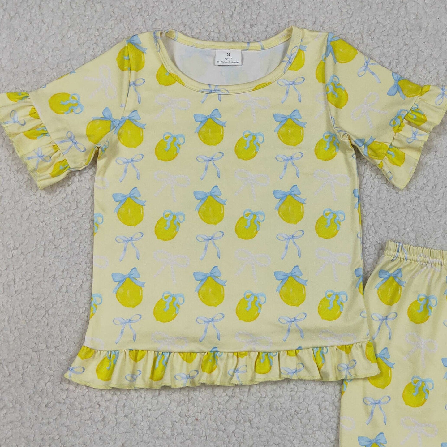 GSSO3326 RTS NO MOQ （In stock ）Short sleeves lemon bow ruffle top shorts girls outfits