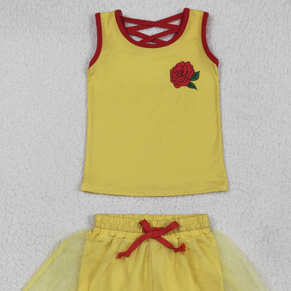 6.20 GSD2070RTS NO MOQ Baby Girls Skirt Sets Baby Girls Yellow Sleeveless Red Rose Top Tulle Skirt With Short Set
