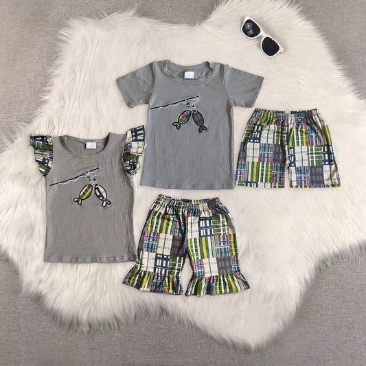 8.12   RTS Sibling Fishing embroidery cotton shirt ruffle shorts girls clothing