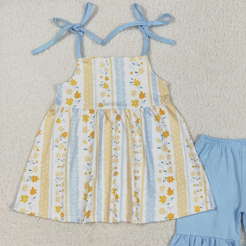 7.15  GSSO2302RTS NO MOQ Baby Girls Summer Outfits Baby Girls Light Blue Strap Floral Stripe Tunic Ruffle Short Set
