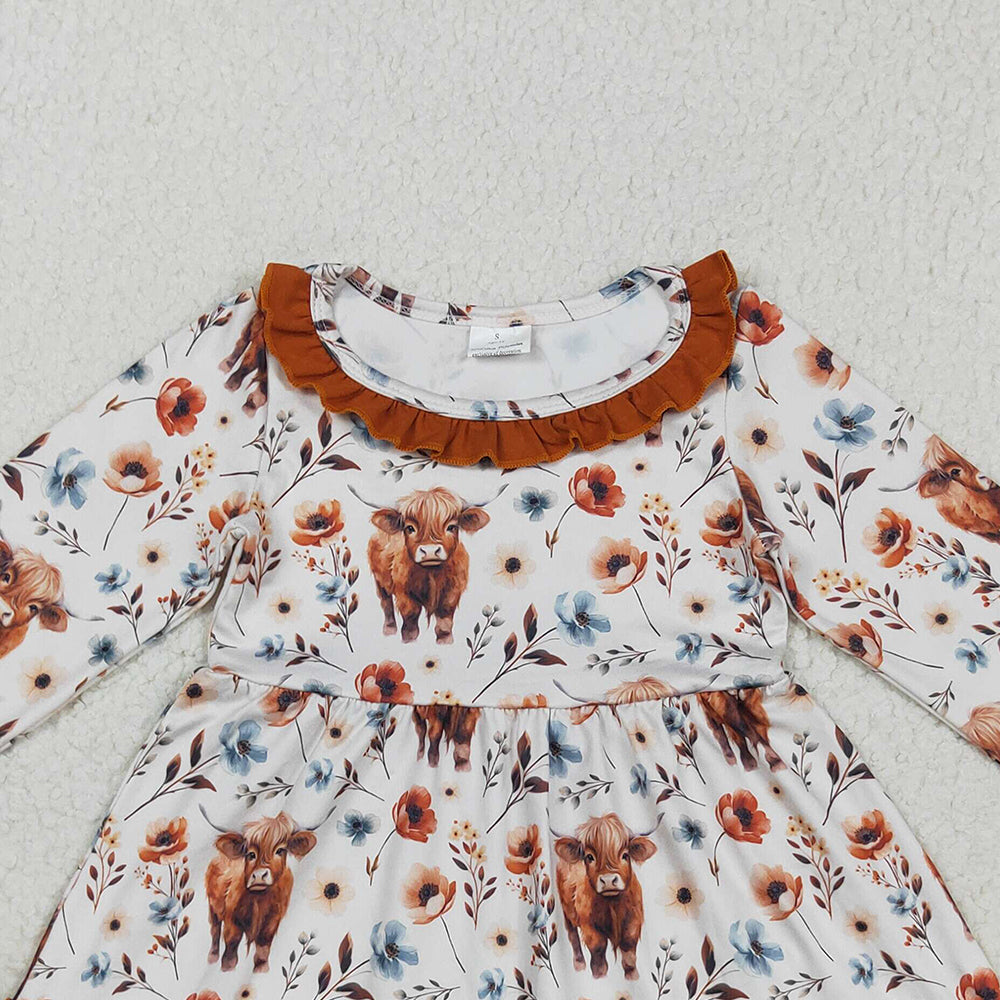 RTS NO MOQ （In stock）GLD0784 Baby Girls Winter Dress Baby Girls Western Flowers Highland Cow Knee Length Dresses