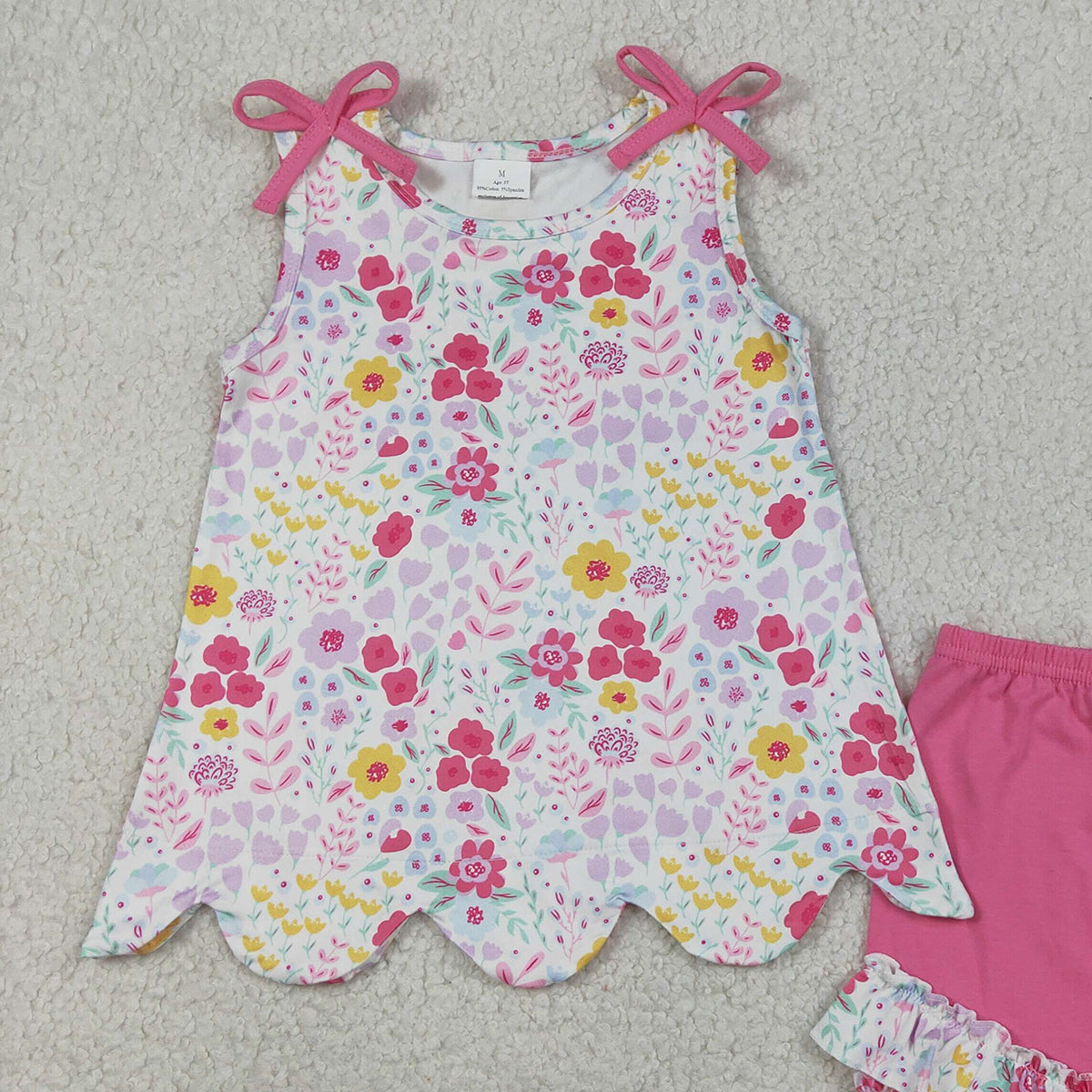 3.27 GSSO3391 RTS NO MOQ （In stock ）Sleeveless floral scallop top hot pink shorts girls outfits