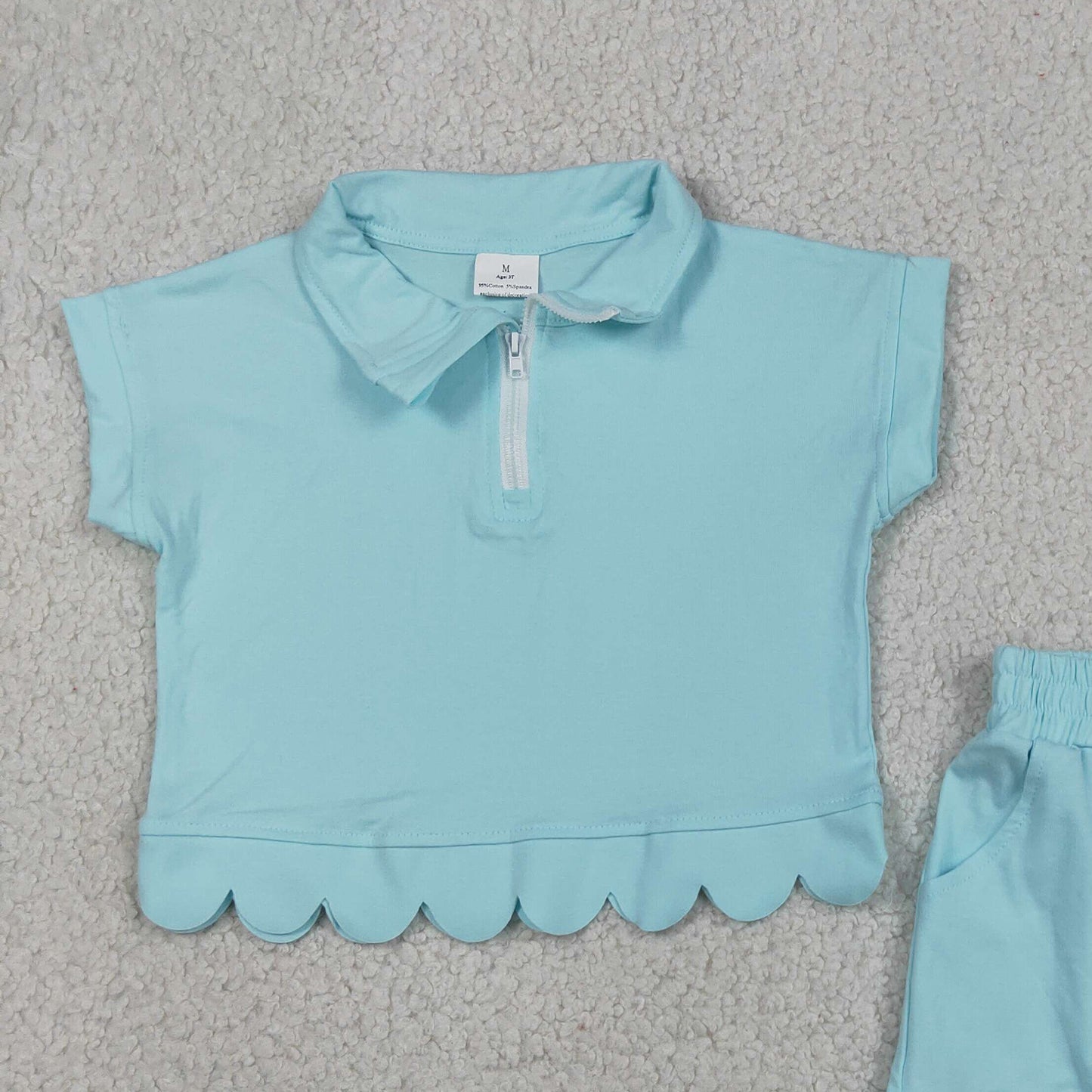 GSSO3376 RTS NO MOQ （In stock ）Aqua short sleeves scallop pullover shorts girls outfits
