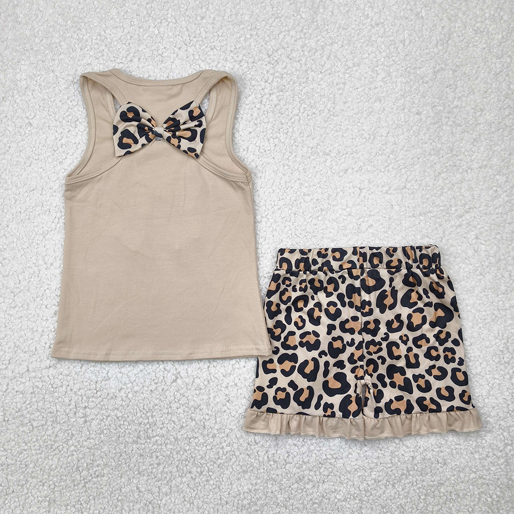 7.14 GSSO1603 RTS NO MOQ Baby Girls Summer Outfits Embroidery Baby Girls Khaki Bow Vest Top Leopard Ruffle Shorts Clothes Sets