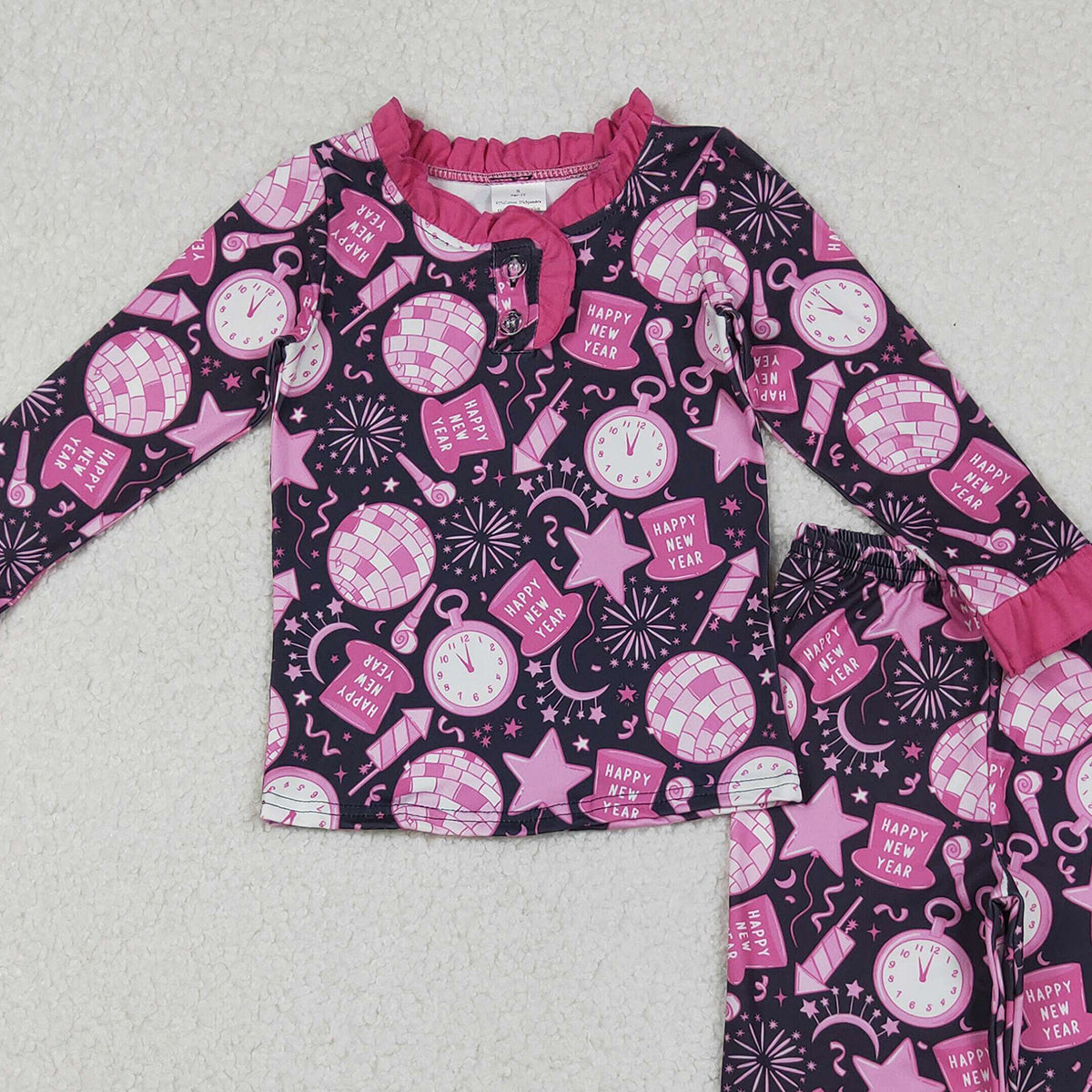10.17 RTS NO MOQ （In stock）GLP2771 Baby Girls Hot Pink Happy New Year Button Top Pant Pajamas Sets