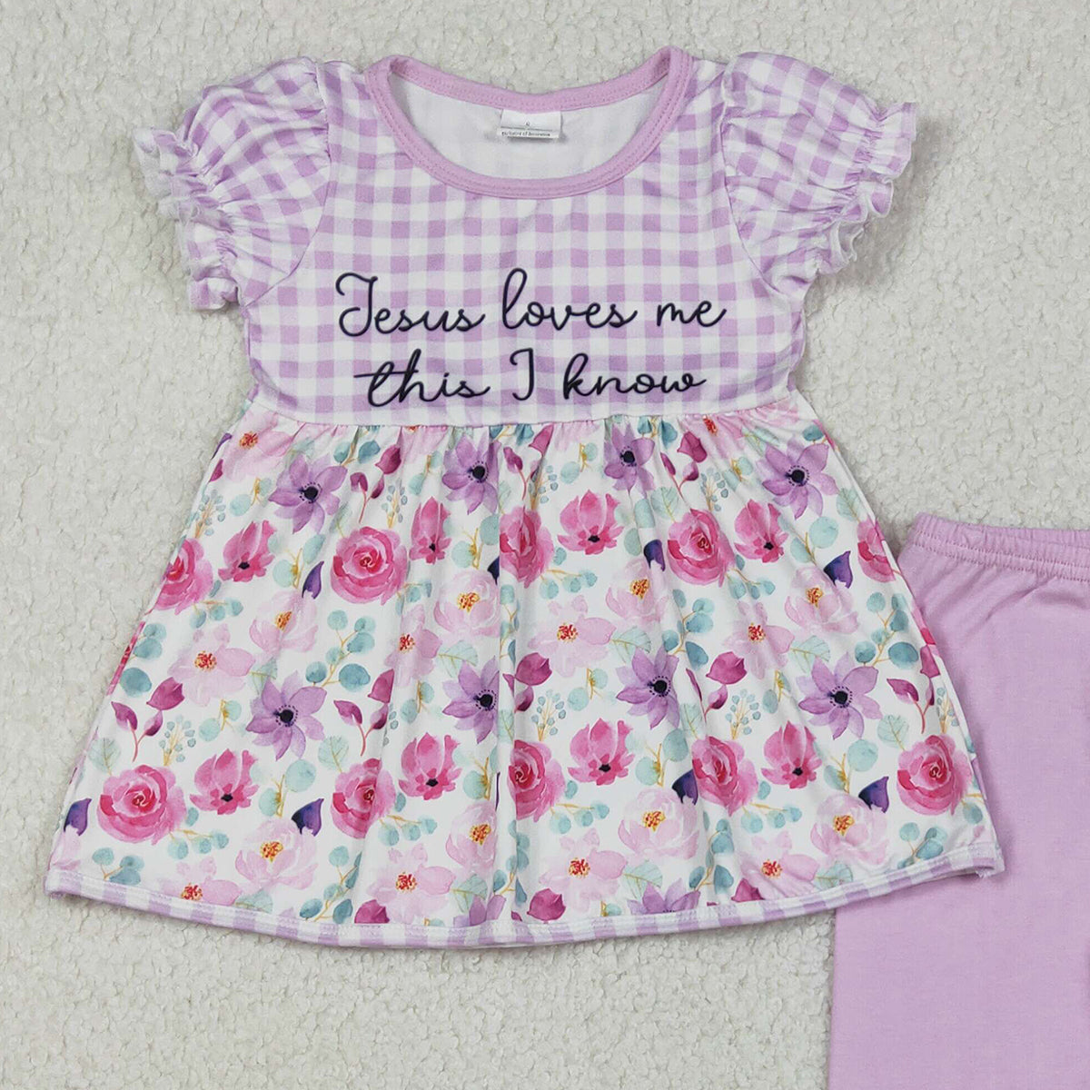 12.4 RTS NO MOQ （In stock）GSPO2129 Baby Girls Lavender Checked Jesus Love Me Flowers Tunic Ruffle Pants Clothes Sets