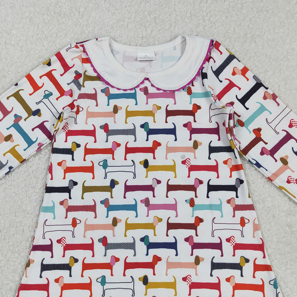 RTS NO MOQ （In stock）GLD0471 Baby Girls Winter Dress Valentines Day Colorful Dogs Knee-Length Dresses Red Love Heart Print Cotton Maxi Skirt with Pockets